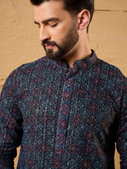 Ethnic Bay Men Black Viscose Rayon Abstract Embroidered Straight Kurta-MKU1172