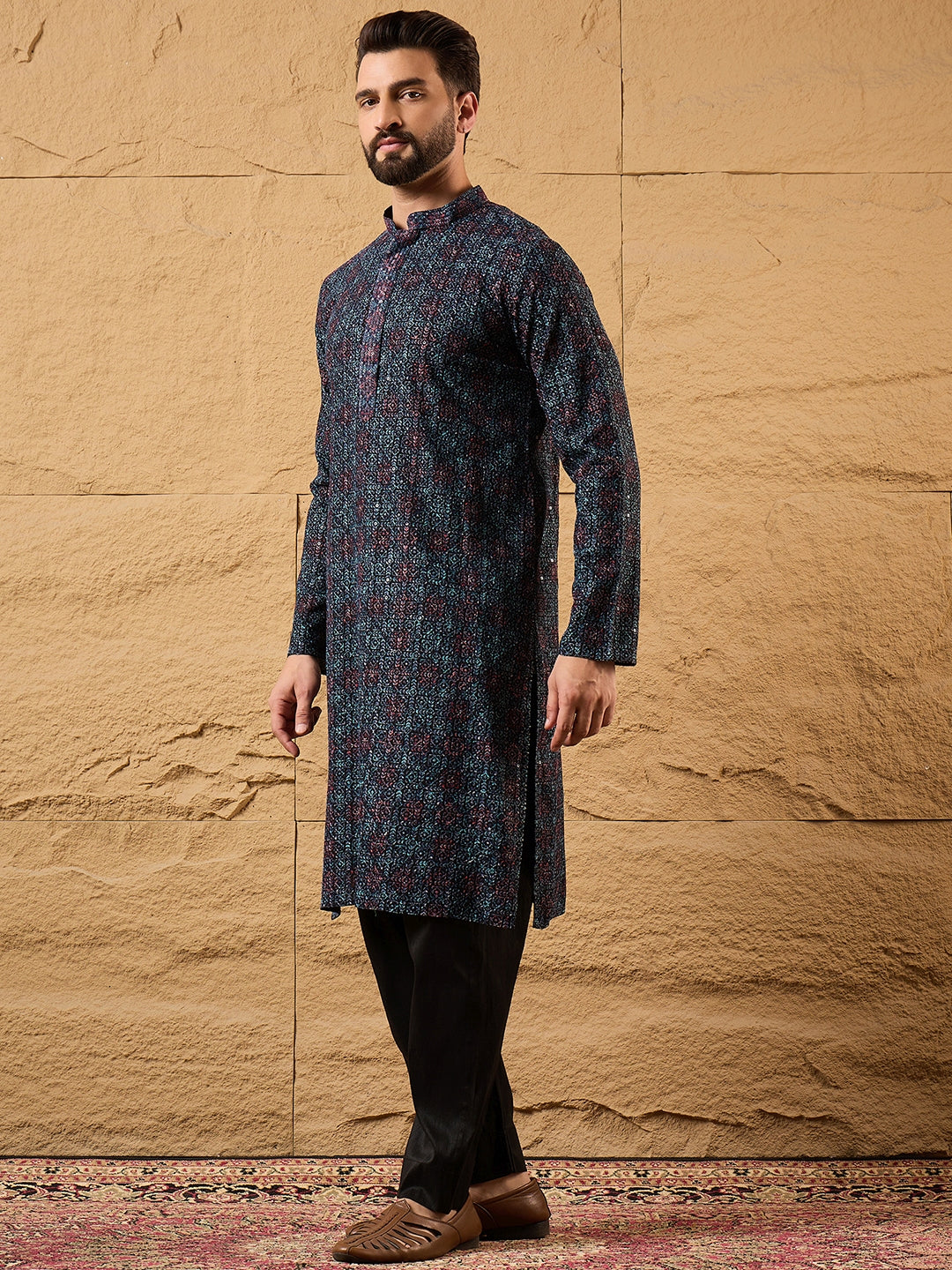 Ethnic Bay Men Black Viscose Rayon Abstract Embroidered Straight Kurta-MKU1172