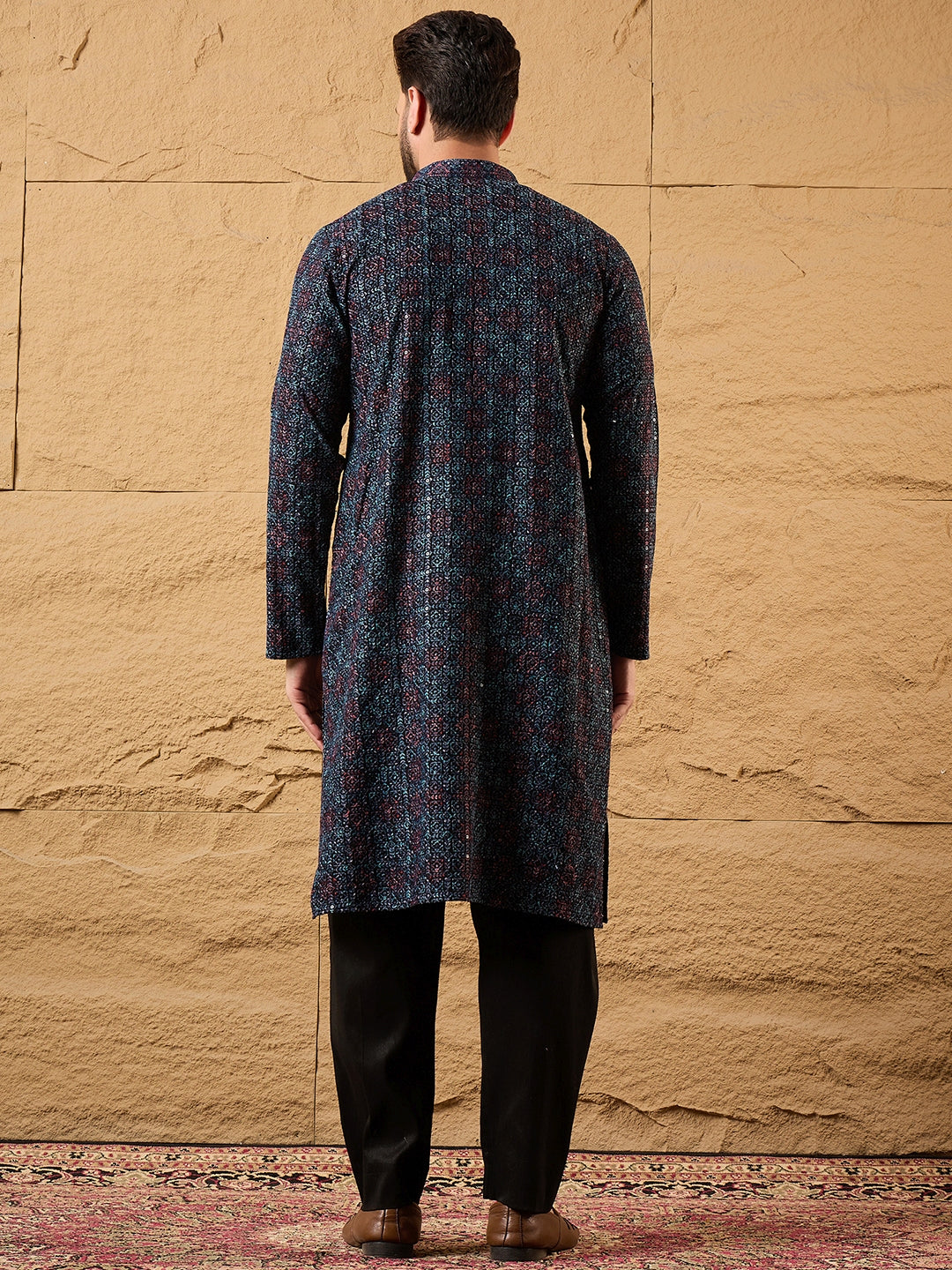 Ethnic Bay Men Black Viscose Rayon Abstract Embroidered Straight Kurta-MKU1172