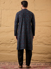 Ethnic Bay Men Black Viscose Rayon Abstract Embroidered Straight Kurta-MKU1172