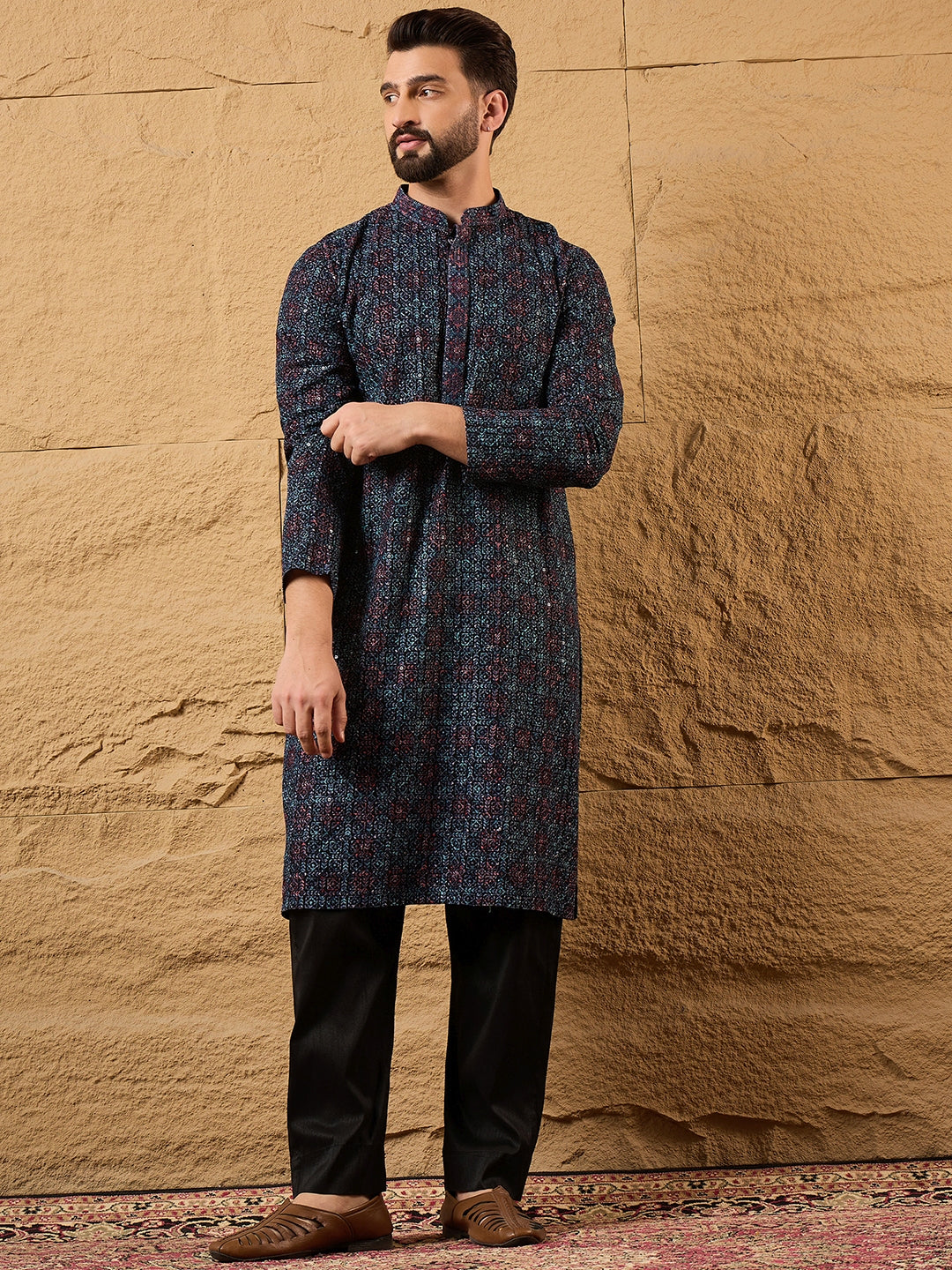 Ethnic Bay Men Black Viscose Rayon Abstract Embroidered Straight Kurta-MKU1172