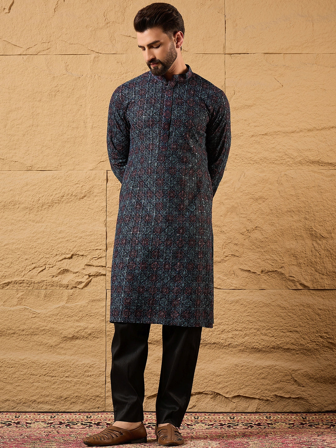 Ethnic Bay Men Black Viscose Rayon Abstract Embroidered Straight Kurta-MKU1172