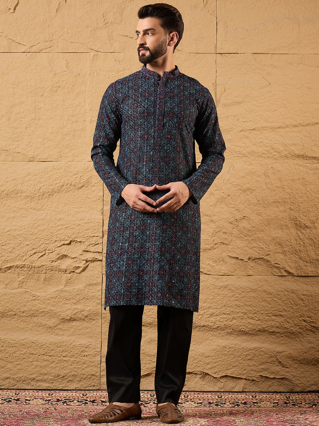 Ethnic Bay Men Black Viscose Rayon Abstract Embroidered Straight Kurta-MKU1172