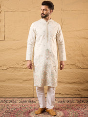 Ethnic Bay Men Off White Silk Blend Solid Embroidered Straight Kurta-MKU1179