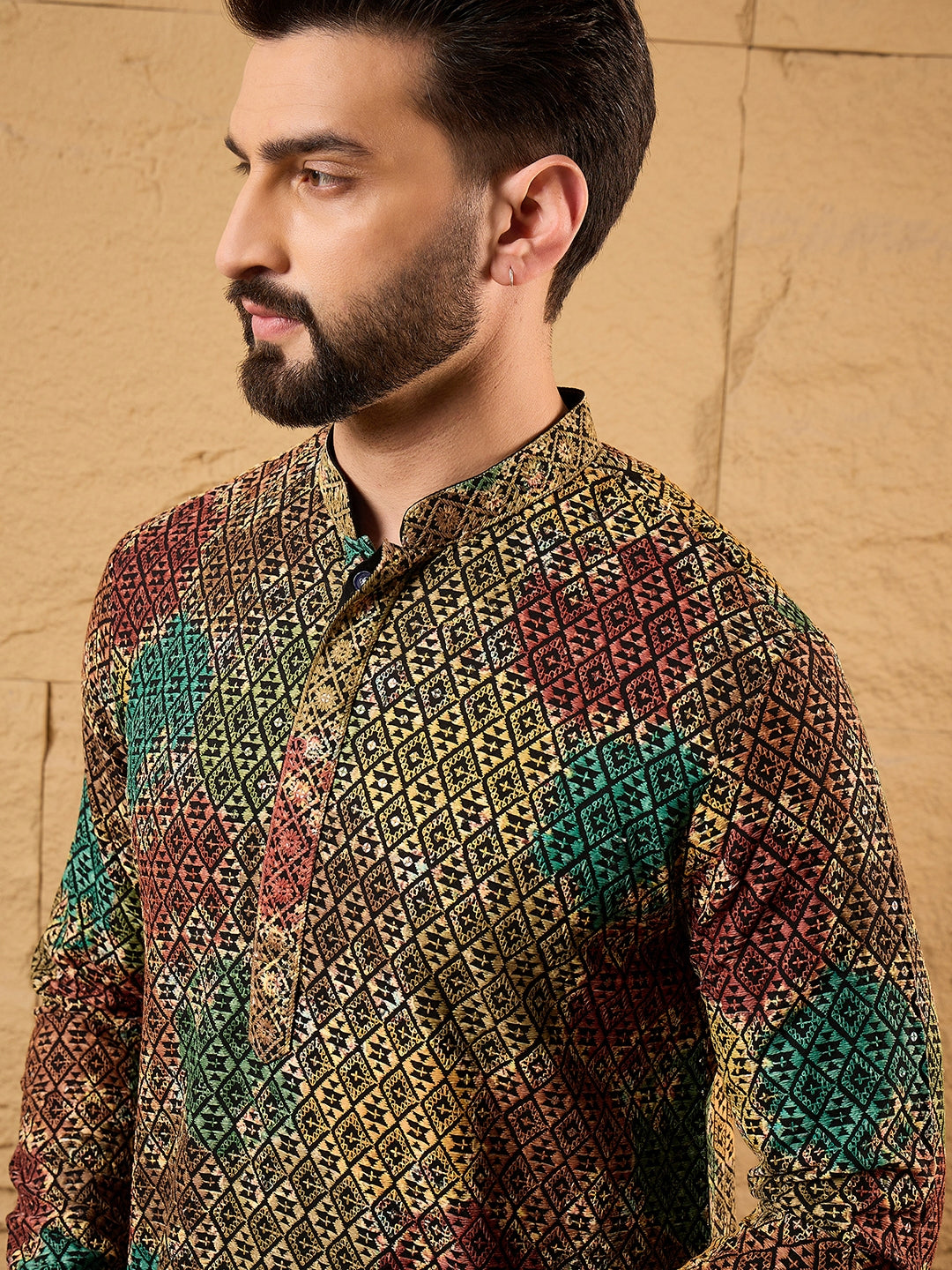 Ethnic Bay Men Black Viscose Rayon Geometric Embroidered Straight Kurta-MKU1180