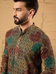 Ethnic Bay Men Black Viscose Rayon Geometric Embroidered Straight Kurta-MKU1180