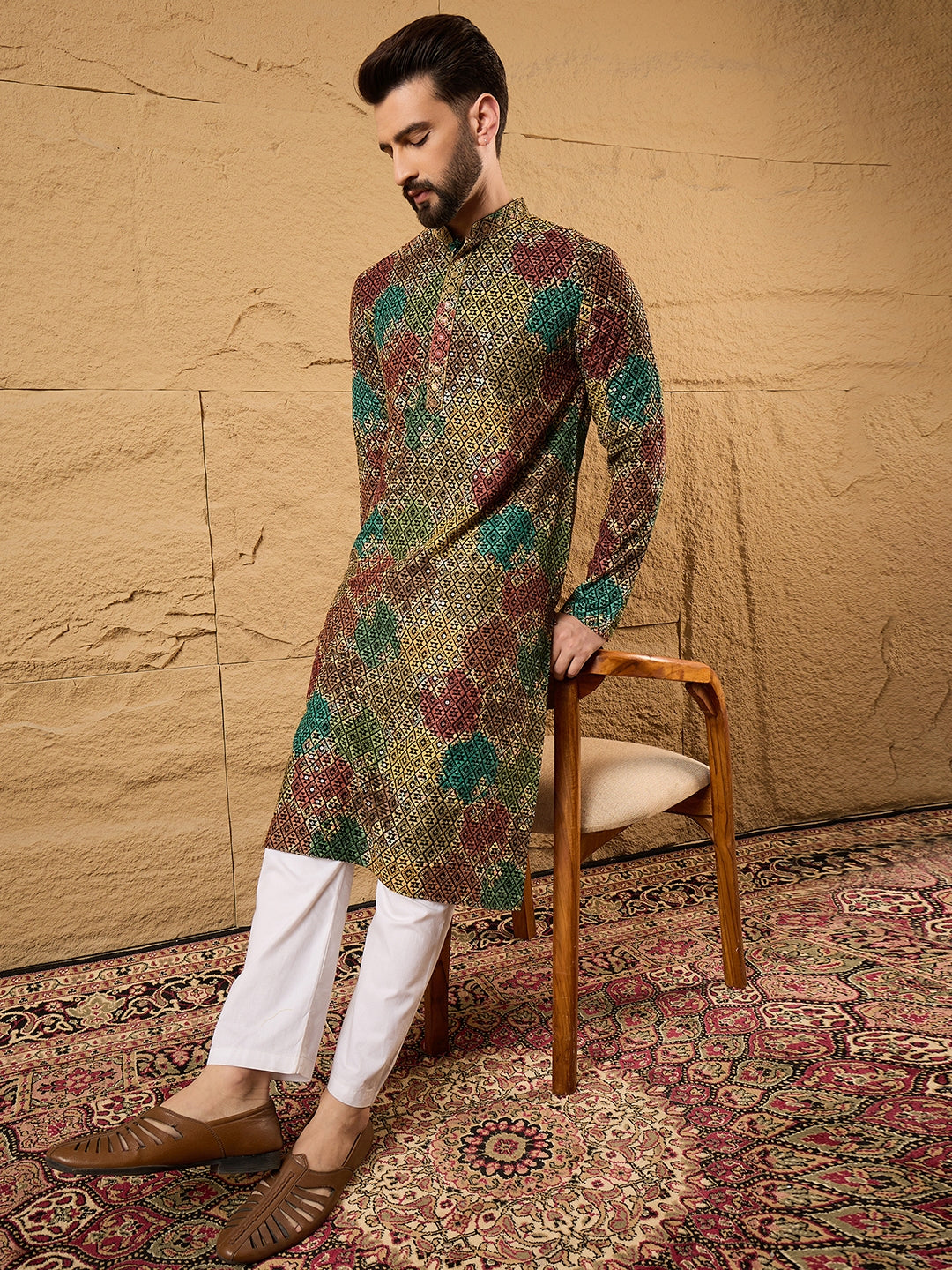 Ethnic Bay Men Black Viscose Rayon Geometric Embroidered Straight Kurta-MKU1180