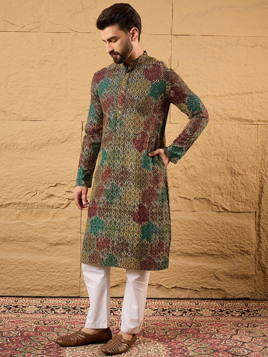 Ethnic Bay Men Black Viscose Rayon Geometric Embroidered Straight Kurta-MKU1180