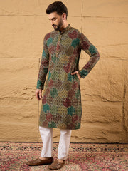 Ethnic Bay Men Black Viscose Rayon Geometric Embroidered Straight Kurta-MKU1180