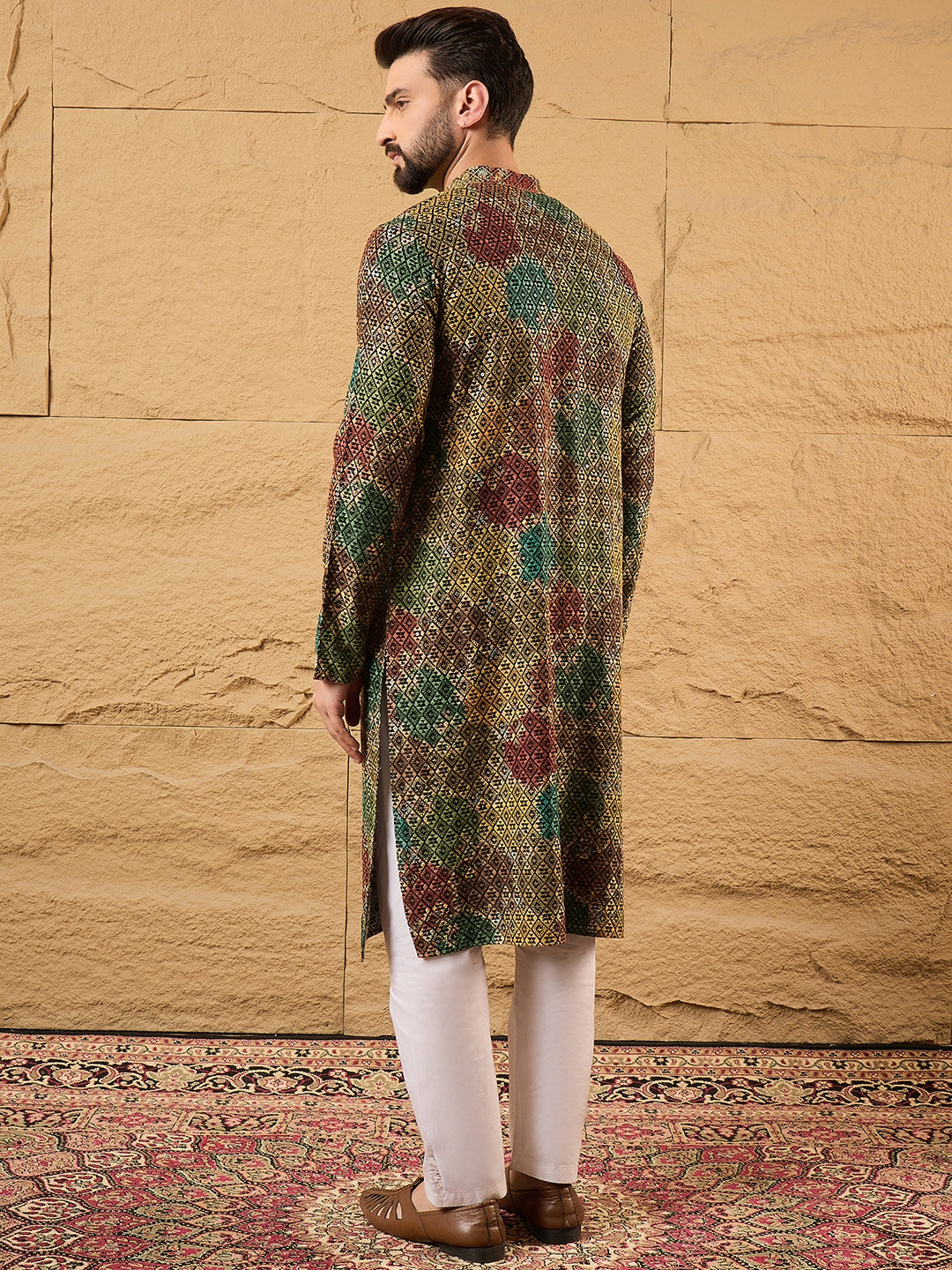 Ethnic Bay Men Black Viscose Rayon Geometric Embroidered Straight Kurta-MKU1180