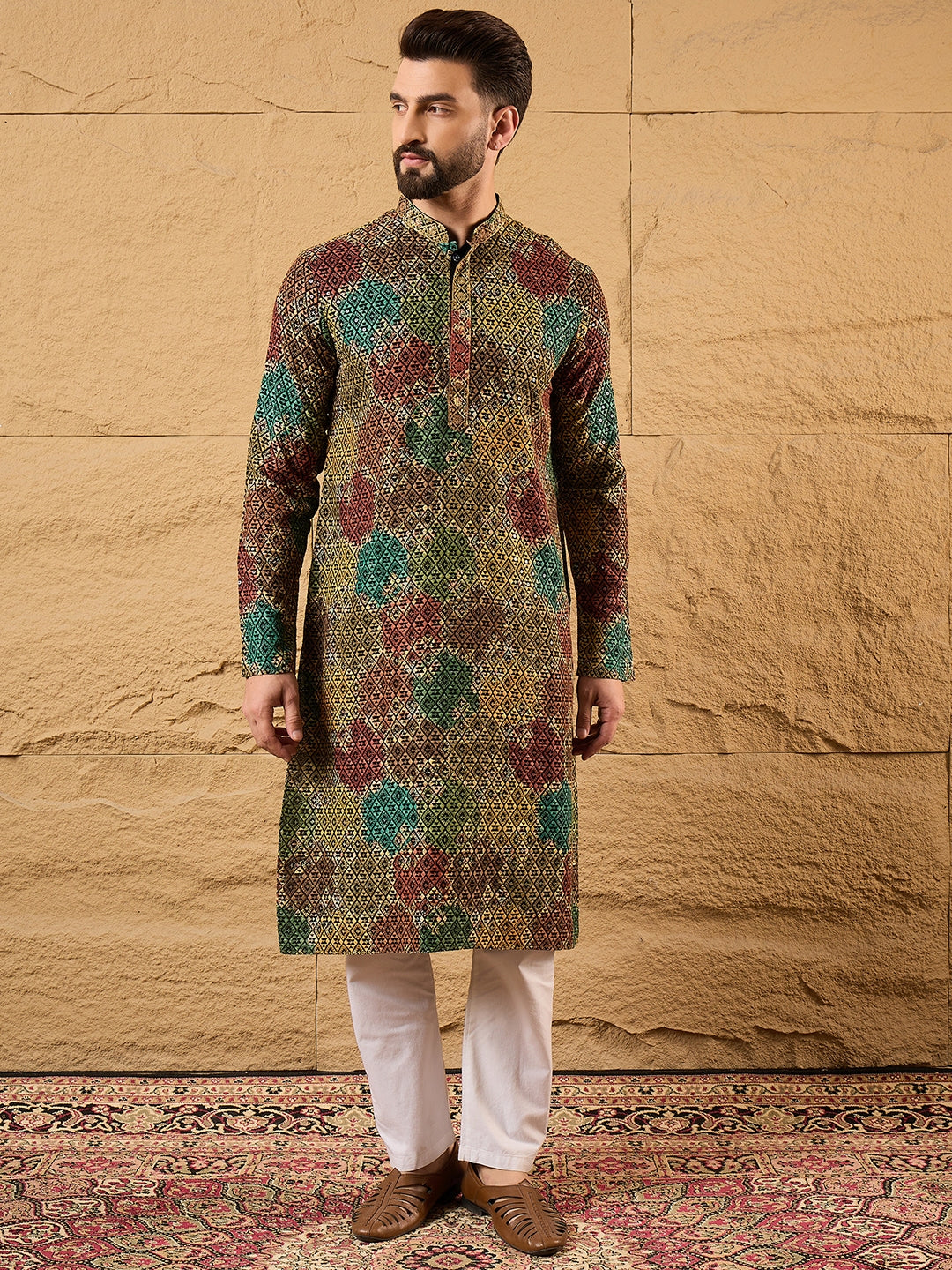 Ethnic Bay Men Black Viscose Rayon Geometric Embroidered Straight Kurta-MKU1180