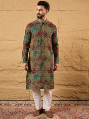 Ethnic Bay Men Black Viscose Rayon Geometric Embroidered Straight Kurta-MKU1180