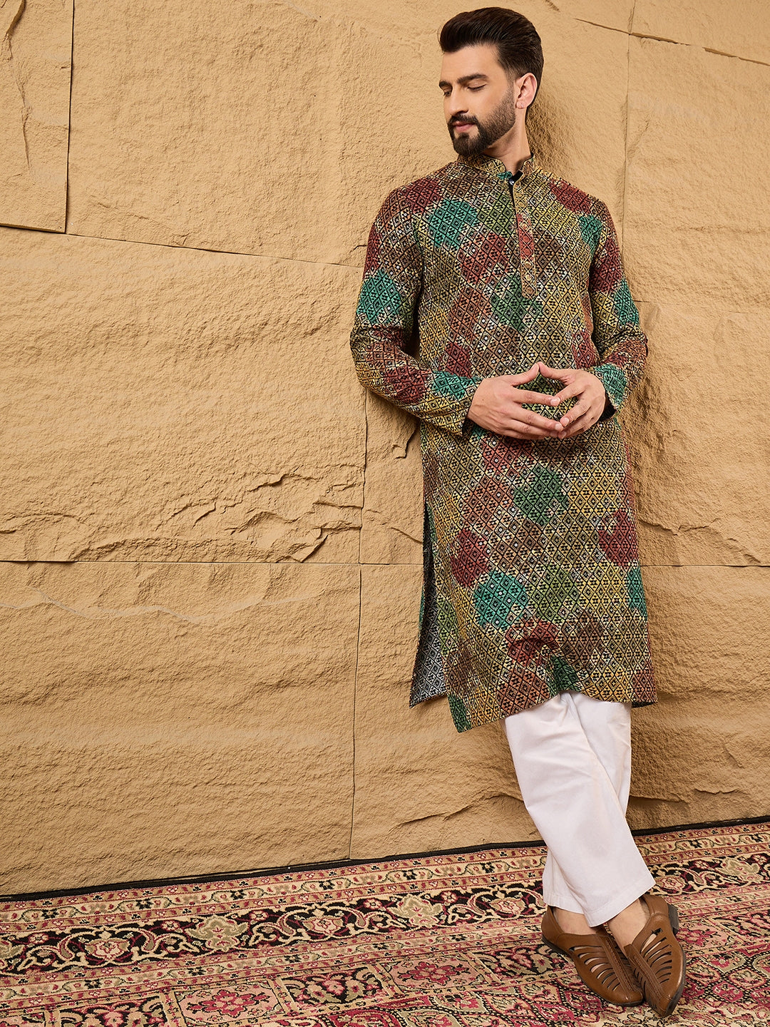 Ethnic Bay Men Black Viscose Rayon Geometric Embroidered Straight Kurta-MKU1180