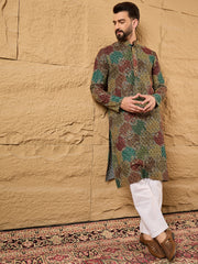 Ethnic Bay Men Black Viscose Rayon Geometric Embroidered Straight Kurta-MKU1180