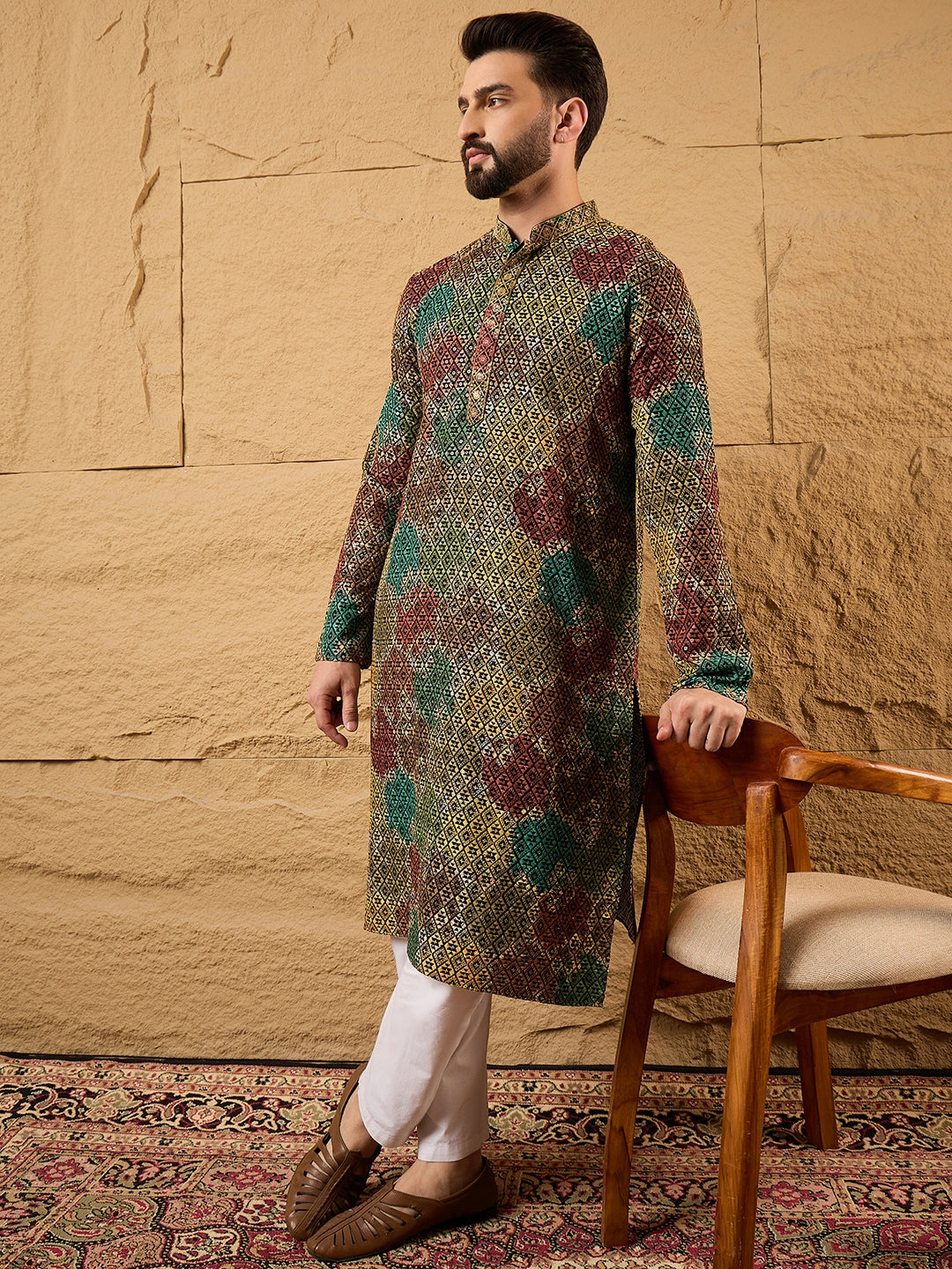 Ethnic Bay Men Black Viscose Rayon Geometric Embroidered Straight Kurta-MKU1180