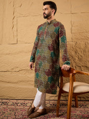 Ethnic Bay Men Black Viscose Rayon Geometric Embroidered Straight Kurta-MKU1180