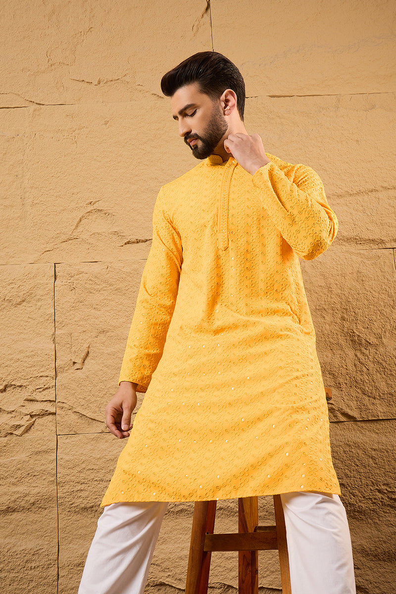 Yellow Viscose Rayon Solid Embroidered Straight Kurta HOPMKU1186 | Des