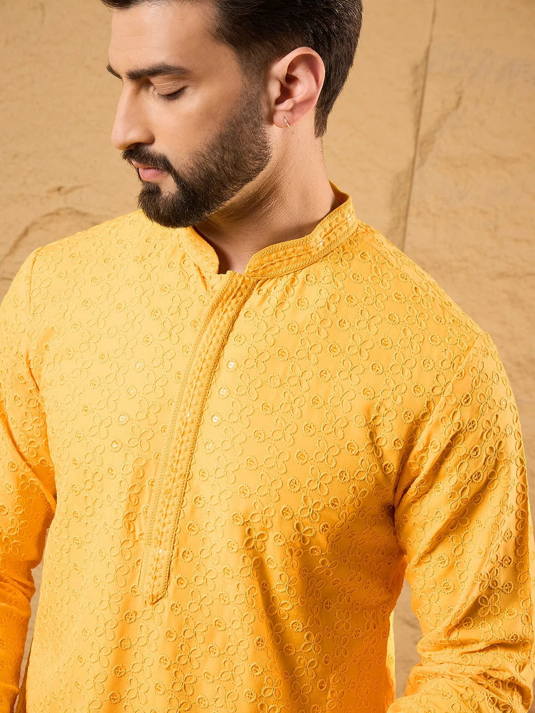 Ethnic Bay Men Yellow Silk Blend Embroidered Chikankari Straight Kurta-MKU1186