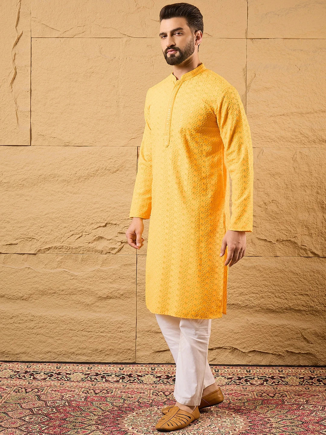 Ethnic Bay Men Yellow Silk Blend Embroidered Chikankari Straight Kurta-MKU1186