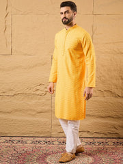 Ethnic Bay Men Yellow Silk Blend Embroidered Chikankari Straight Kurta-MKU1186