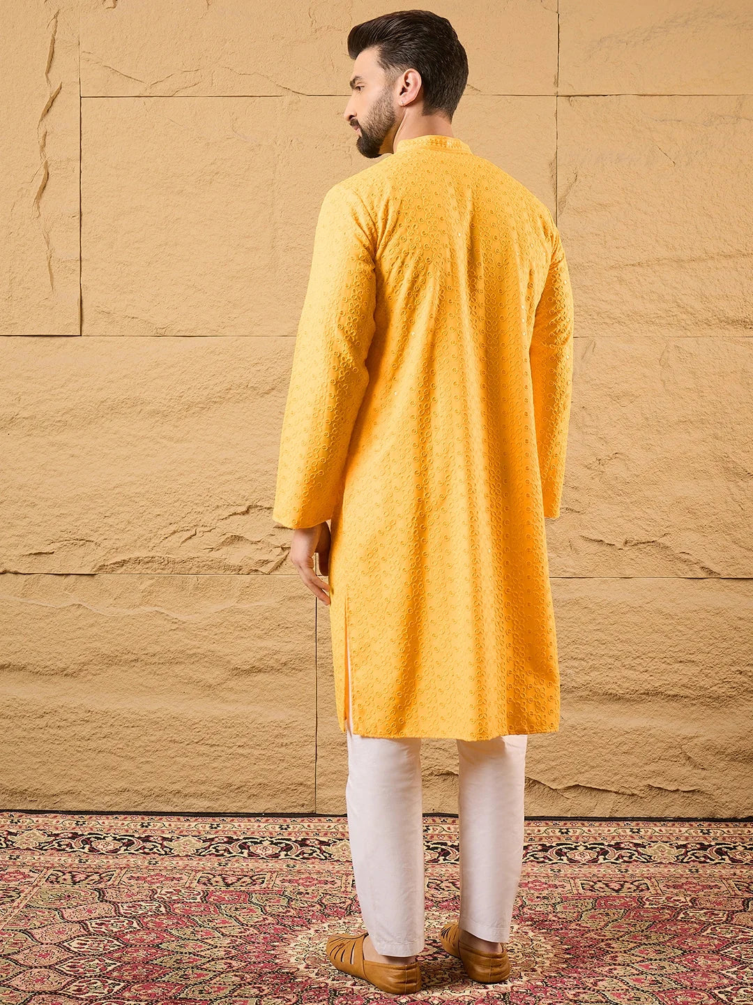 Ethnic Bay Men Yellow Silk Blend Embroidered Chikankari Straight Kurta-MKU1186