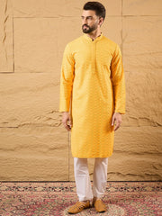 Ethnic Bay Men Yellow Silk Blend Embroidered Chikankari Straight Kurta-MKU1186