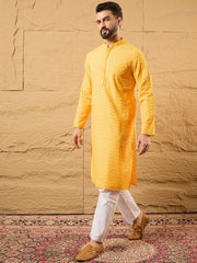 Ethnic Bay Men Yellow Silk Blend Embroidered Chikankari Straight Kurta-MKU1186