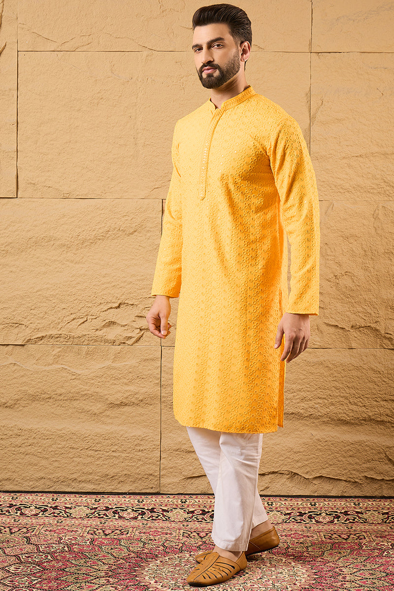 Yellow Viscose Rayon Solid Embroidered Straight Kurta HOPMKU1186 | Des