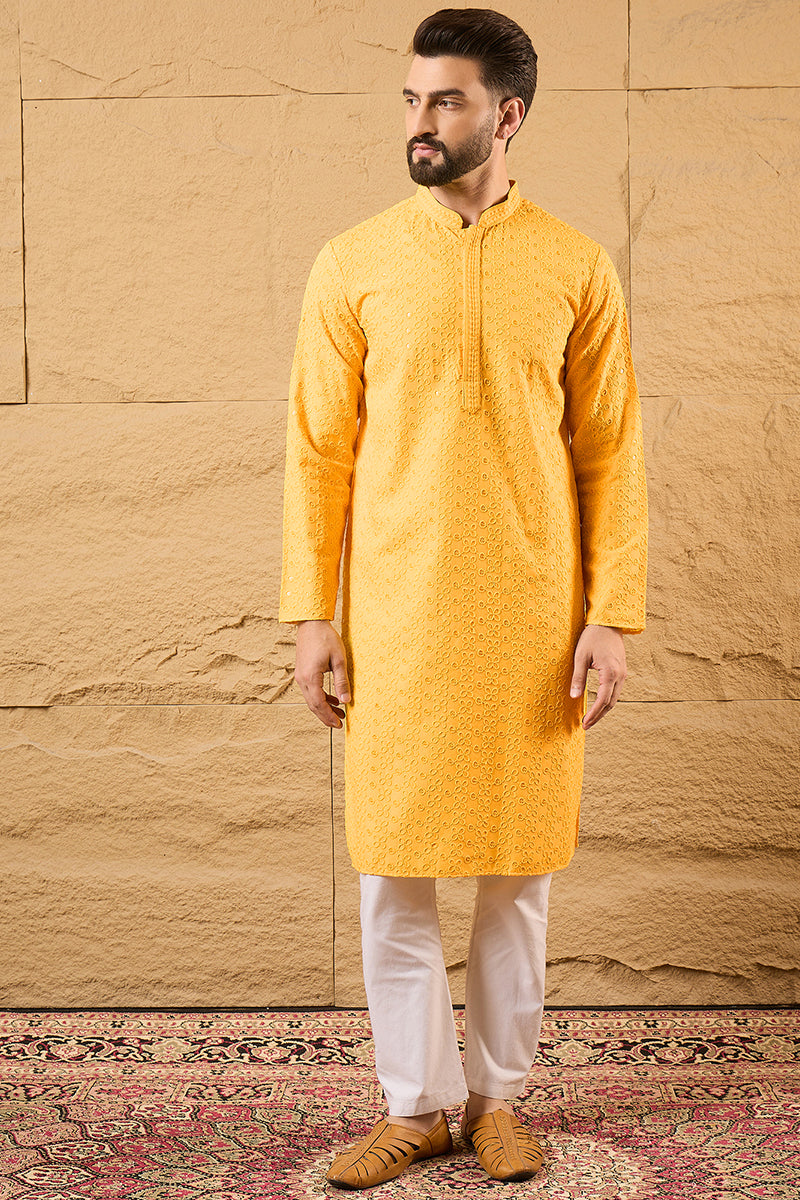 Yellow Viscose Rayon Solid Embroidered Straight Kurta HOPMKU1186 | Des