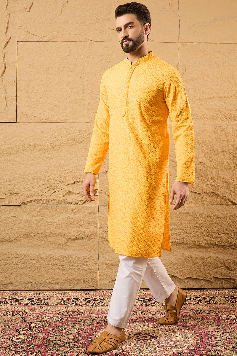 Yellow Viscose Rayon Solid Embroidered Straight Kurta HOPMKU1186 | Des