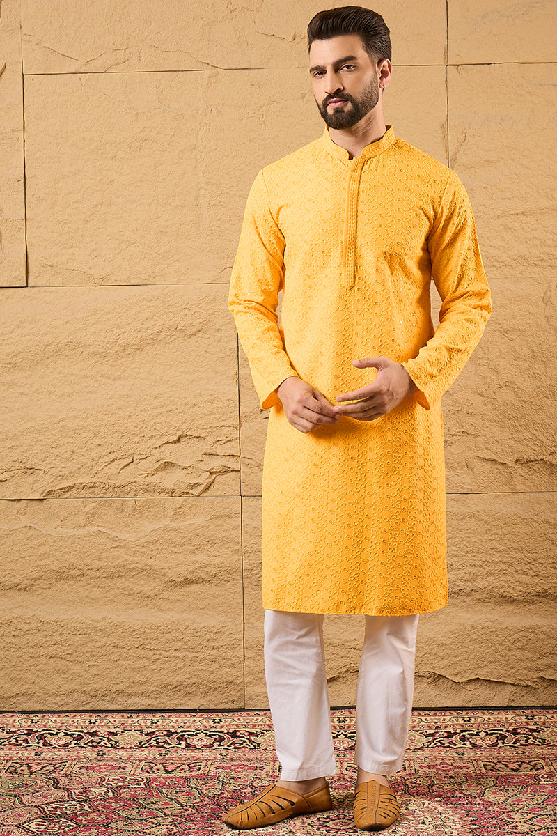 Yellow Viscose Rayon Solid Embroidered Straight Kurta HOPMKU1186 | Des