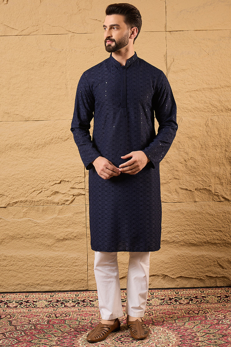 Blue Viscose Rayon Solid Embroidered Straight Kurta HOPMKU1187 | DesiQ