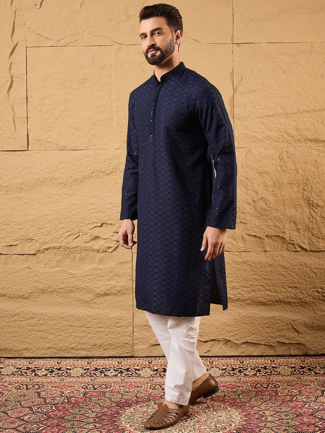 Ethnic Bay Men Blue Viscose Rayon Solid Embroidered Straight Kurta-MKU1187