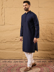 Ethnic Bay Men Blue Viscose Rayon Solid Embroidered Straight Kurta-MKU1187