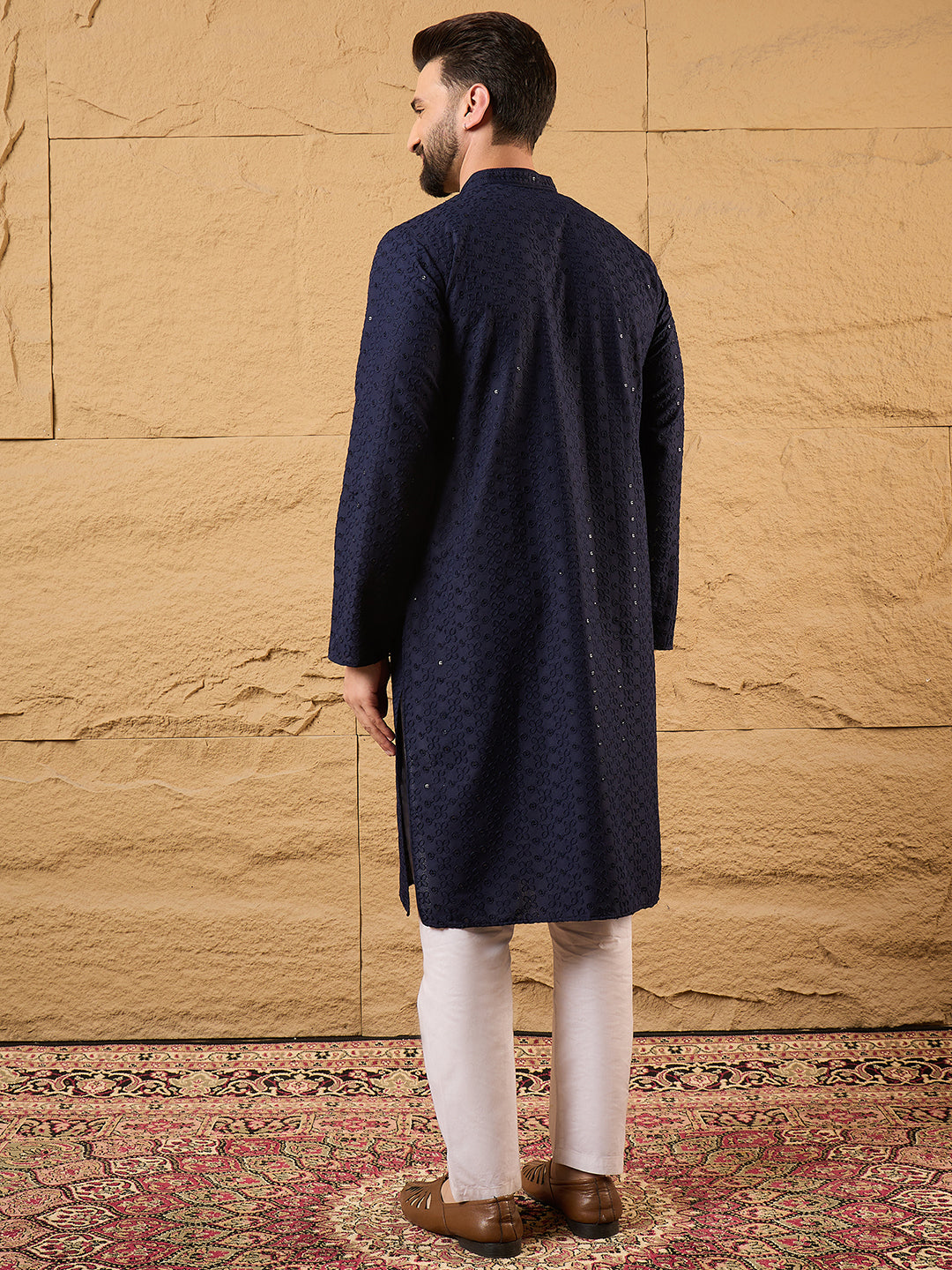 Ethnic Bay Men Blue Viscose Rayon Solid Embroidered Straight Kurta-MKU1187