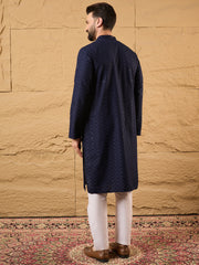 Ethnic Bay Men Blue Viscose Rayon Solid Embroidered Straight Kurta-MKU1187