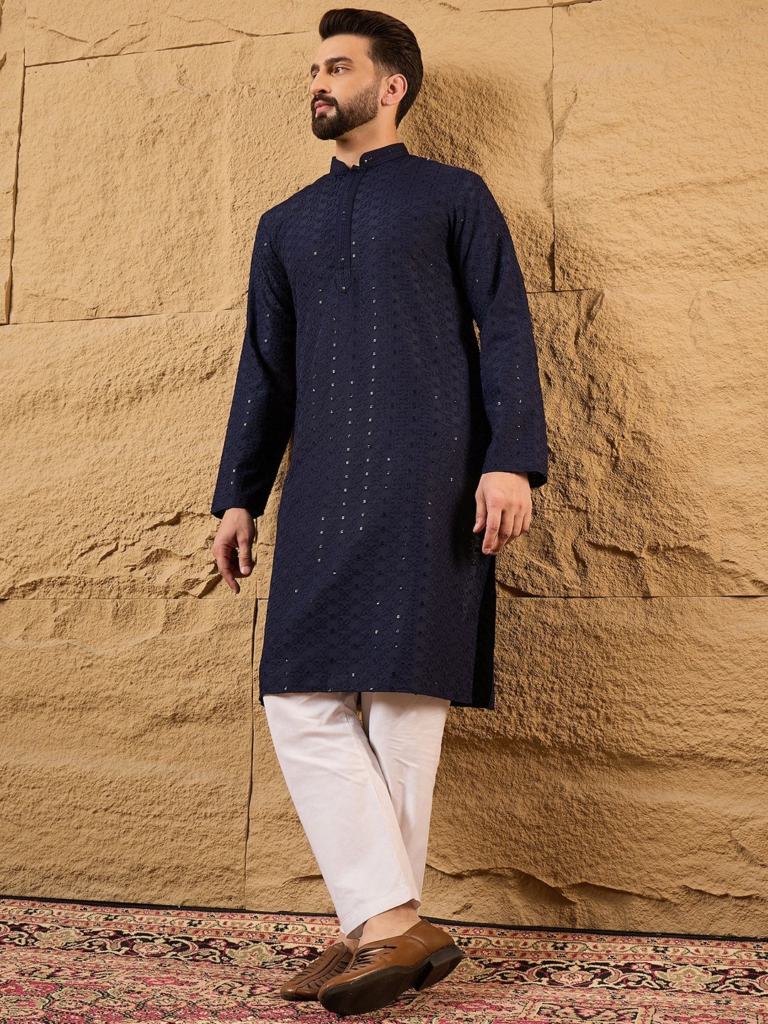Ethnic Bay Men Blue Viscose Rayon Solid Embroidered Straight Kurta-MKU1187