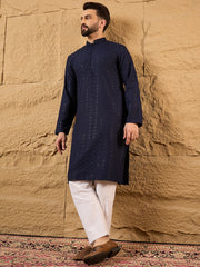 Ethnic Bay Men Blue Viscose Rayon Solid Embroidered Straight Kurta-MKU1187
