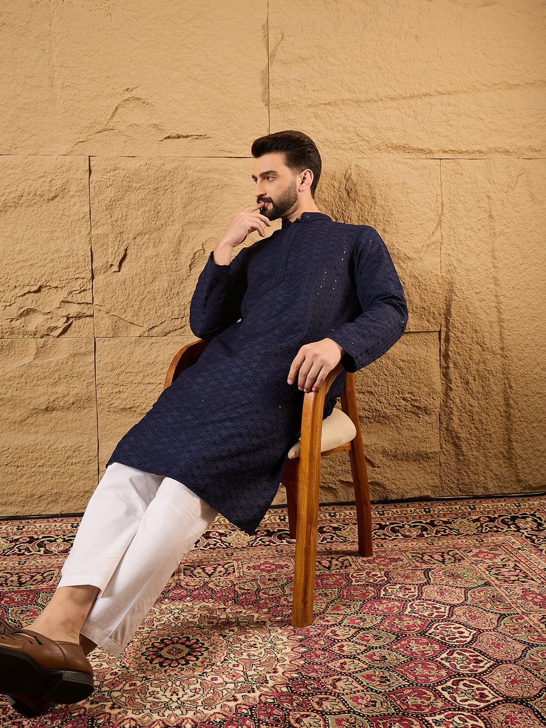Ethnic Bay Men Blue Viscose Rayon Solid Embroidered Straight Kurta-MKU1187