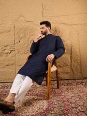 Ethnic Bay Men Blue Viscose Rayon Solid Embroidered Straight Kurta-MKU1187