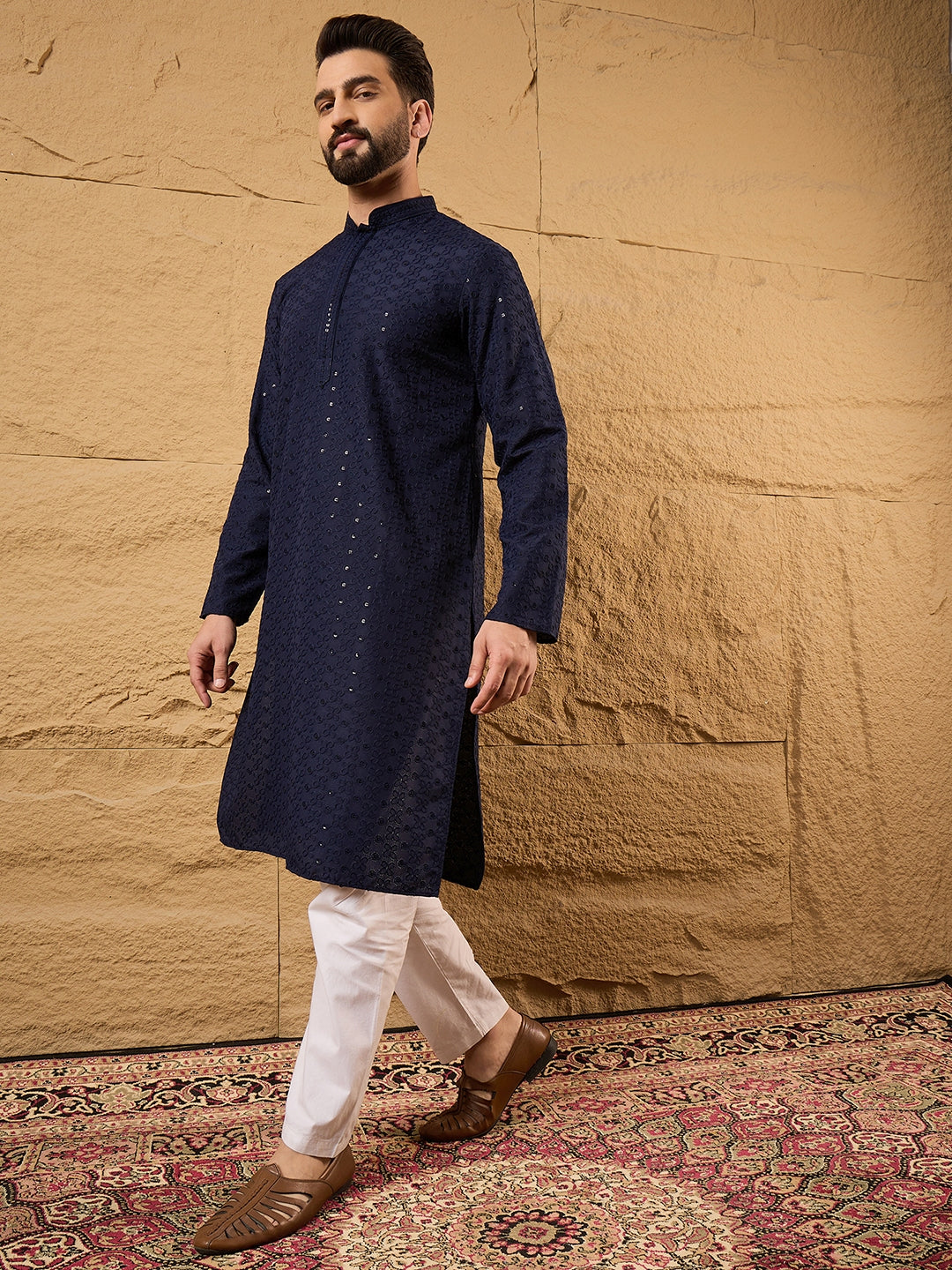 Ethnic Bay Men Blue Viscose Rayon Solid Embroidered Straight Kurta-MKU1187