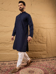 Ethnic Bay Men Blue Viscose Rayon Solid Embroidered Straight Kurta-MKU1187