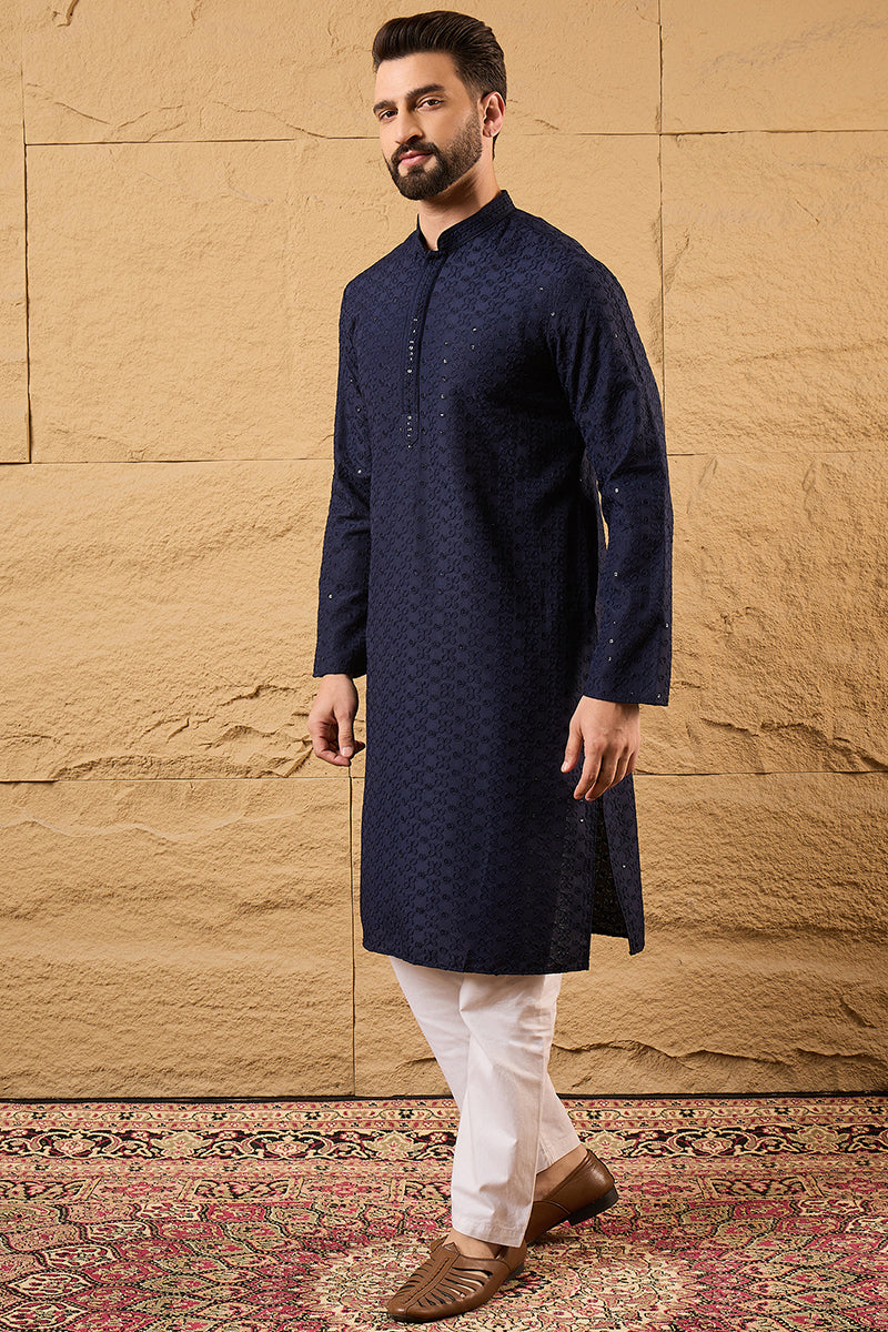 Blue Viscose Rayon Solid Embroidered Straight Kurta HOPMKU1187 | DesiQ
