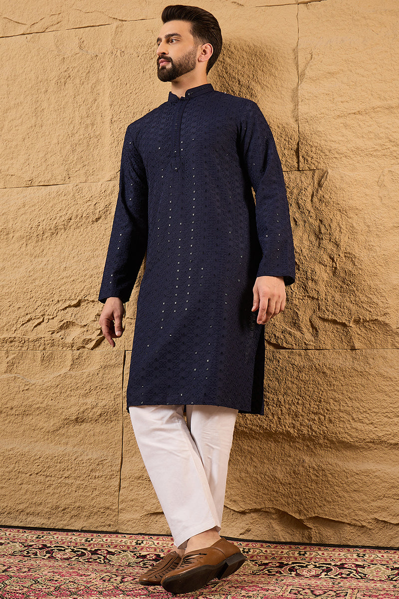 Blue Viscose Rayon Solid Embroidered Straight Kurta HOPMKU1187 | DesiQ