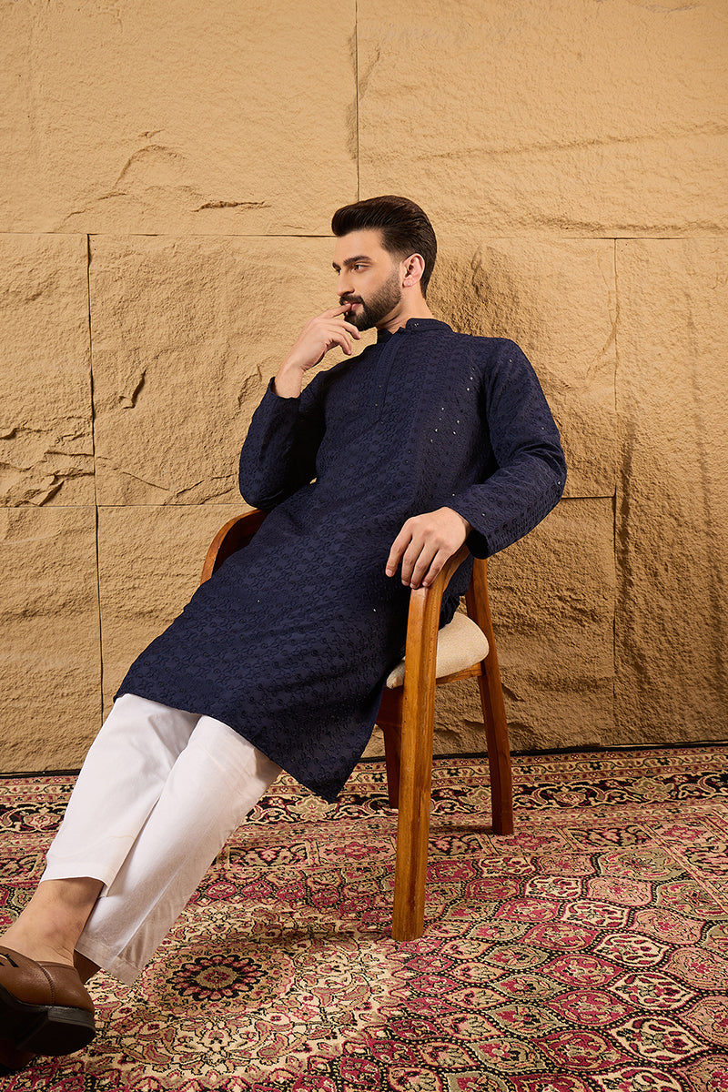 Blue Viscose Rayon Solid Embroidered Straight Kurta HOPMKU1187 | DesiQ