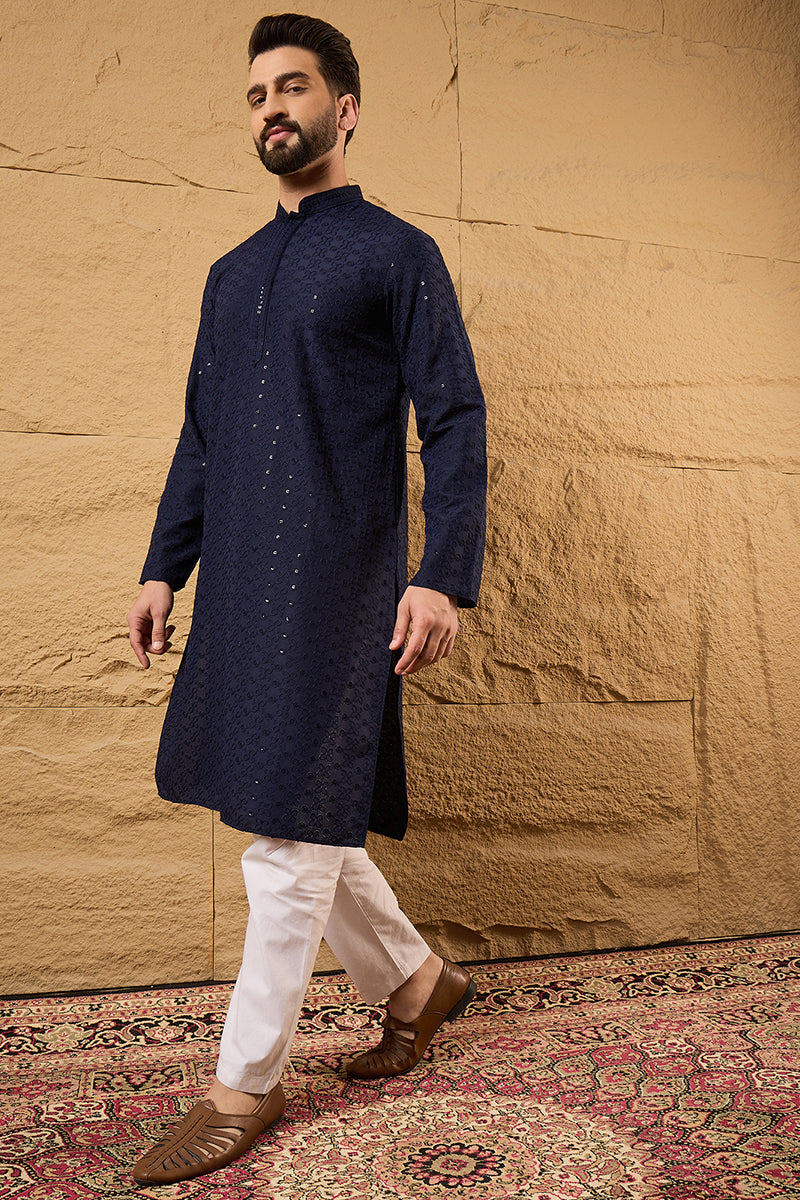 Blue Viscose Rayon Solid Embroidered Straight Kurta HOPMKU1187 | DesiQ