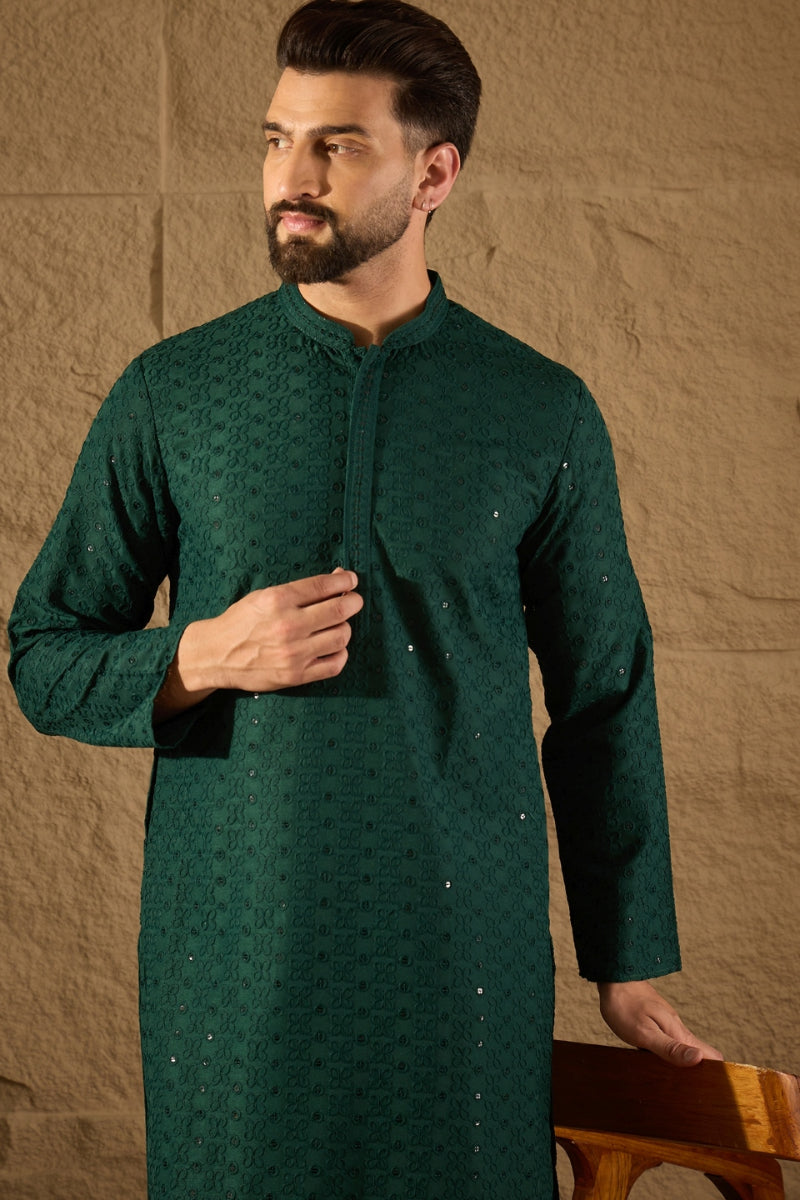 Green Viscose Rayon Solid Embroidered Chikankari Straight Kurta HOPMKU