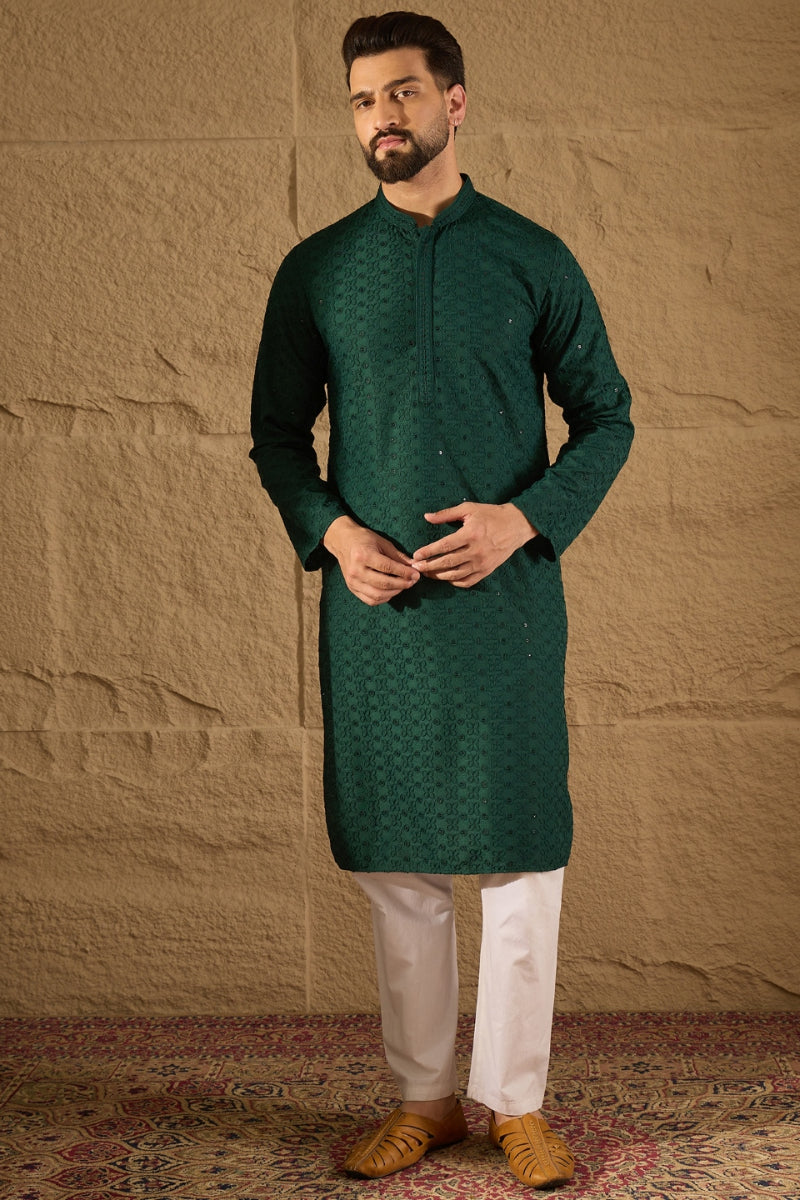 Green Viscose Rayon Solid Embroidered Chikankari Straight Kurta HOPMKU