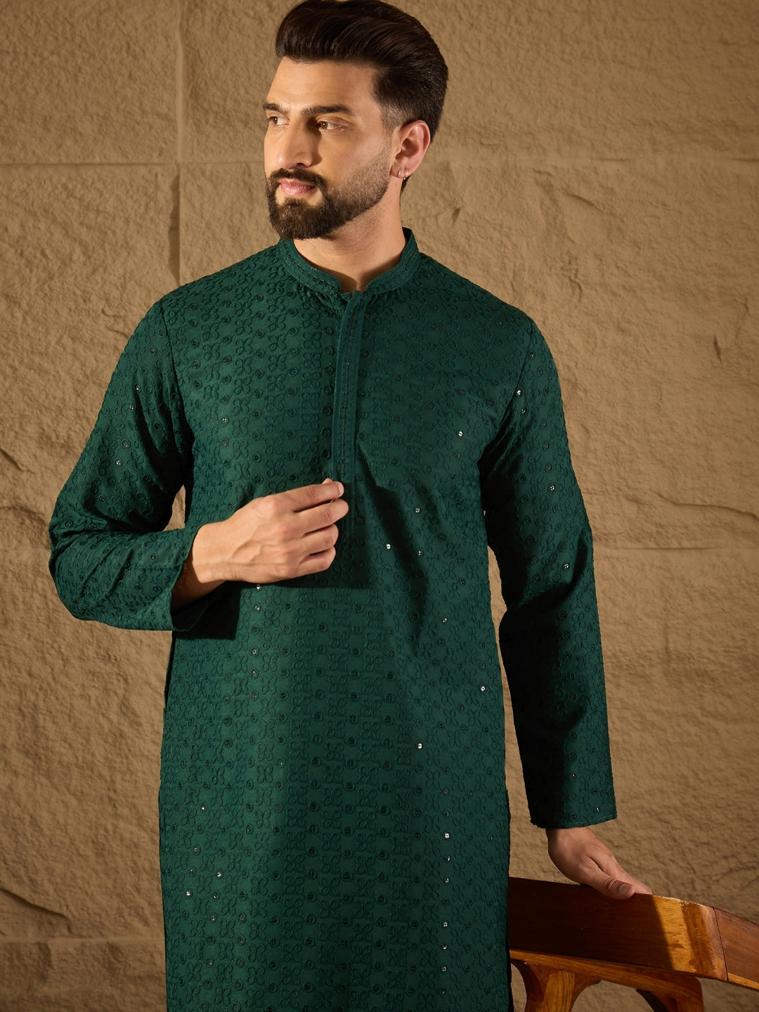Ethnic Bay Men Green Viscose Rayon Solid Embroidered Straight Kurta-MKU1188