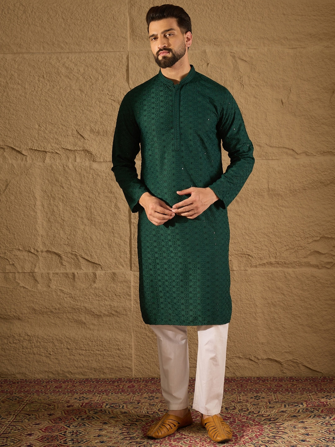 Ethnic Bay Men Green Viscose Rayon Solid Embroidered Straight Kurta-MKU1188